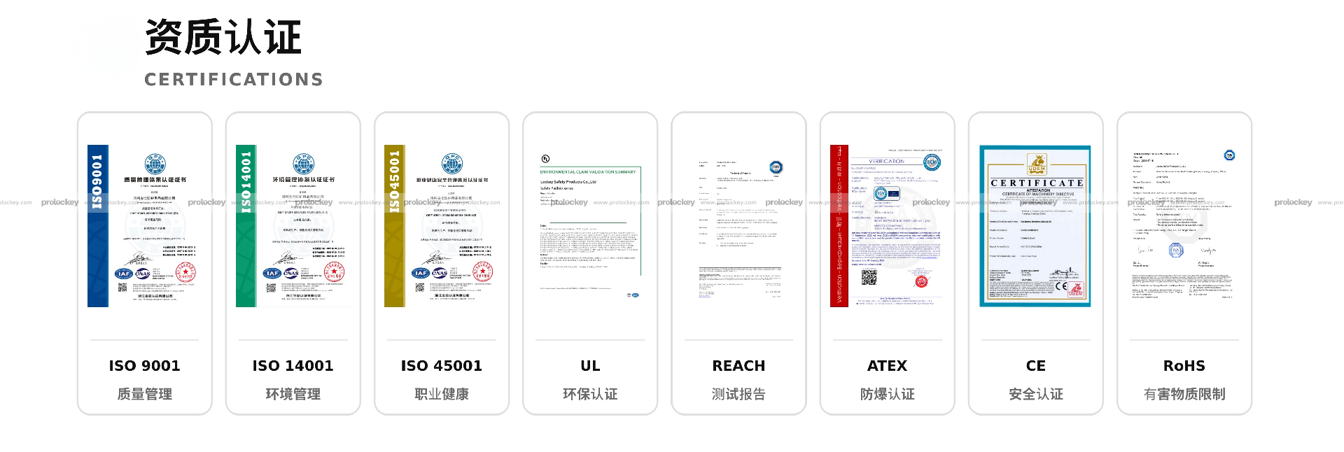洛科 Prolockey 资质认证:ISO 9001、ISO 14001、ISO 45001、UL、REACH、ATEX、CE、RoHS
